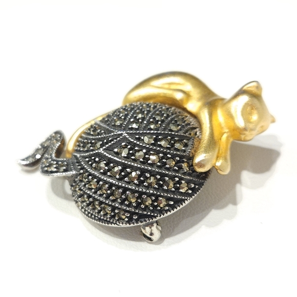 Vintage Judith Jack Golden Cat Marcasite Stones Brooch Sterling Silver 925 - Picture 11 of 15
